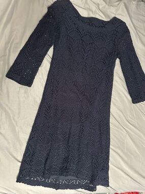 Navy Crochet Lace Long-Sleeve Sheath Dress - Women